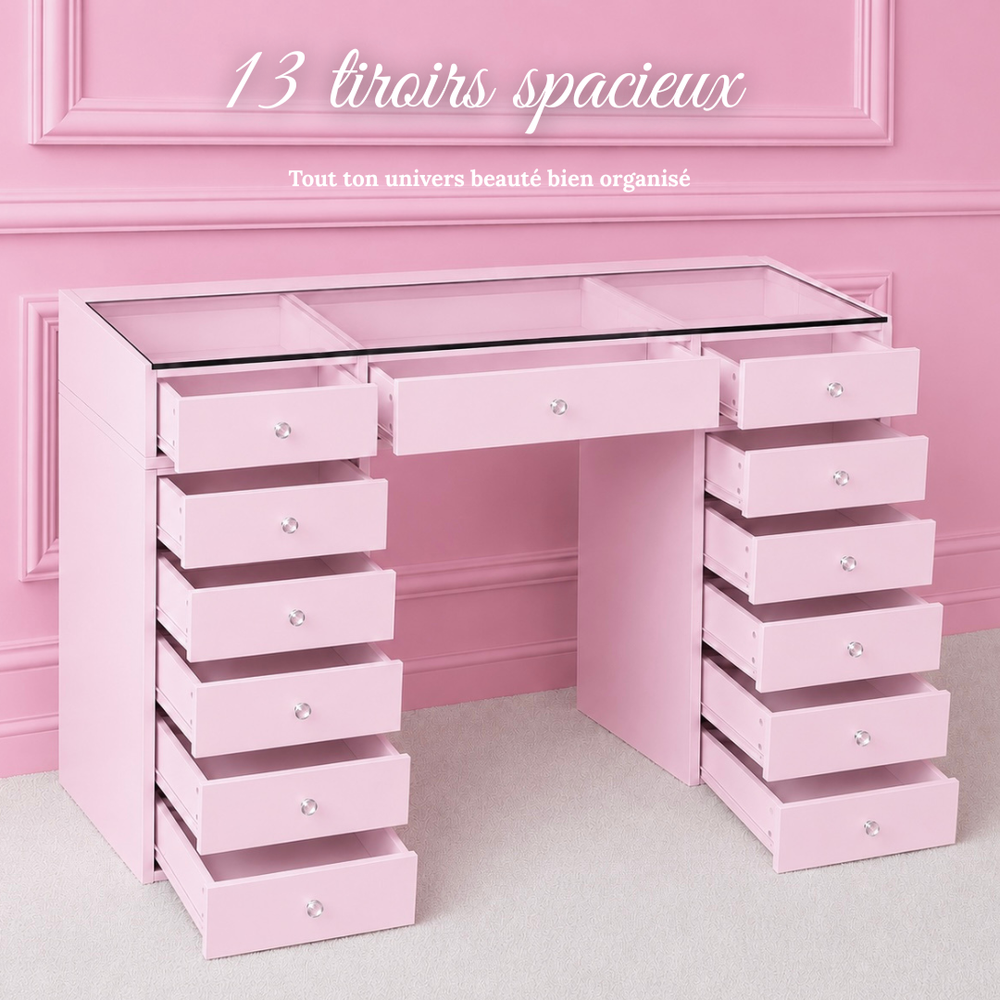 Coiffeuse Rose Poudré – 4 Tiroirs dont 2 à Plateau Vitré