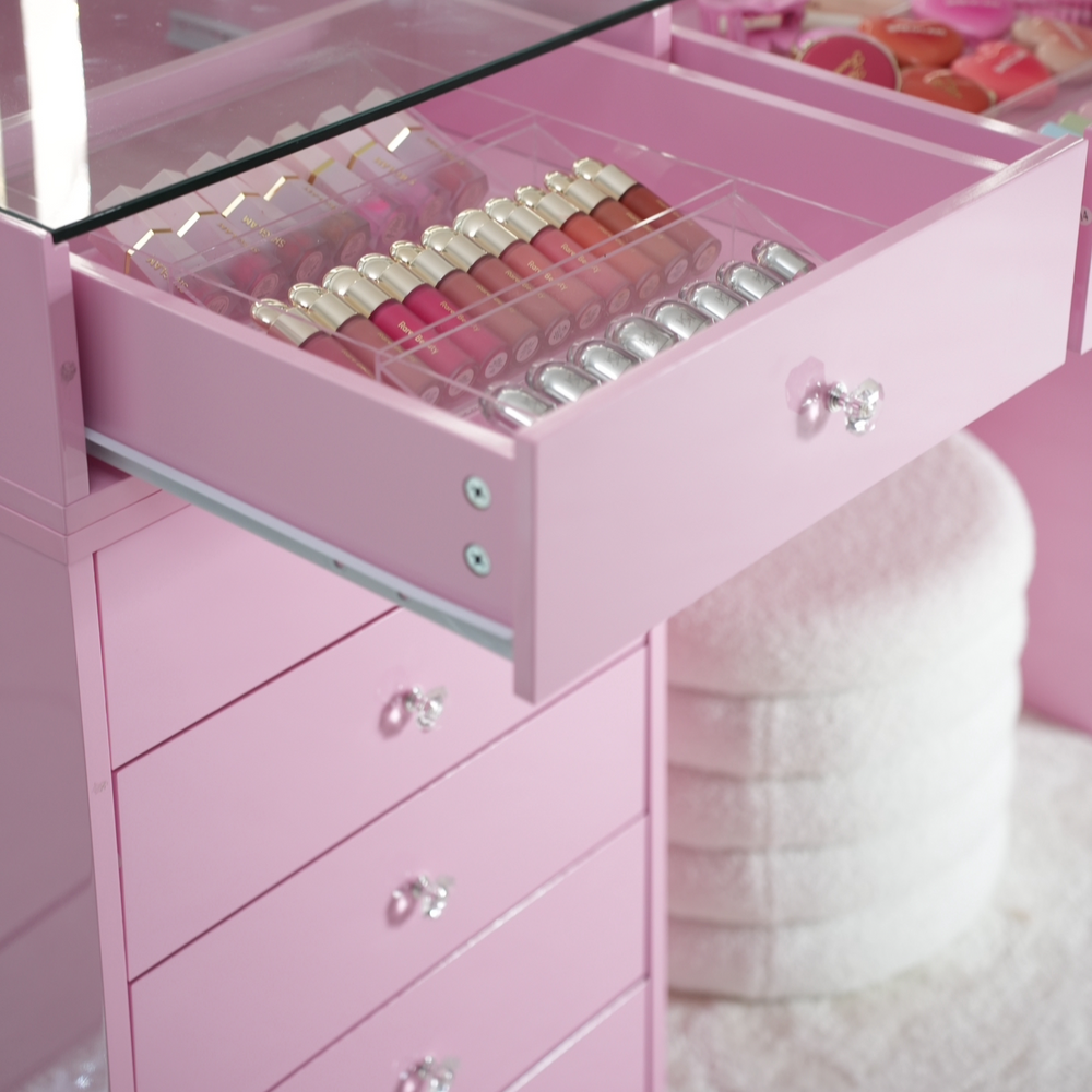 Coiffeuse Rose Poudré – 4 Tiroirs dont 2 à Plateau Vitré