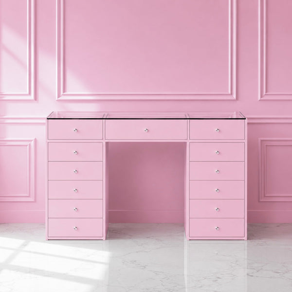 Coiffeuse Rose Poudré – 4 Tiroirs dont 2 à Plateau Vitré