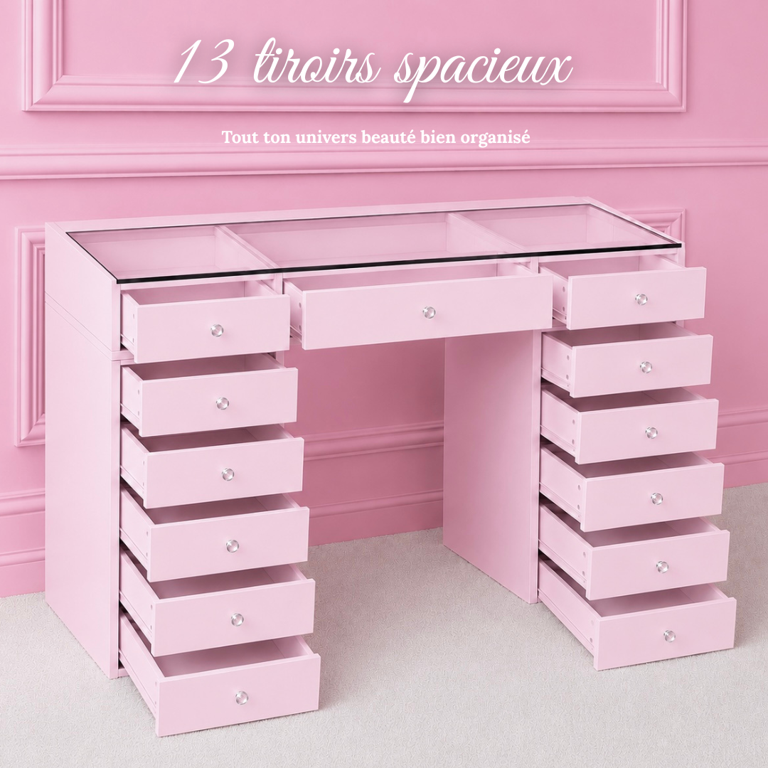 Coiffeuse Rose Poudré – 4 Tiroirs dont 2 à Plateau Vitré