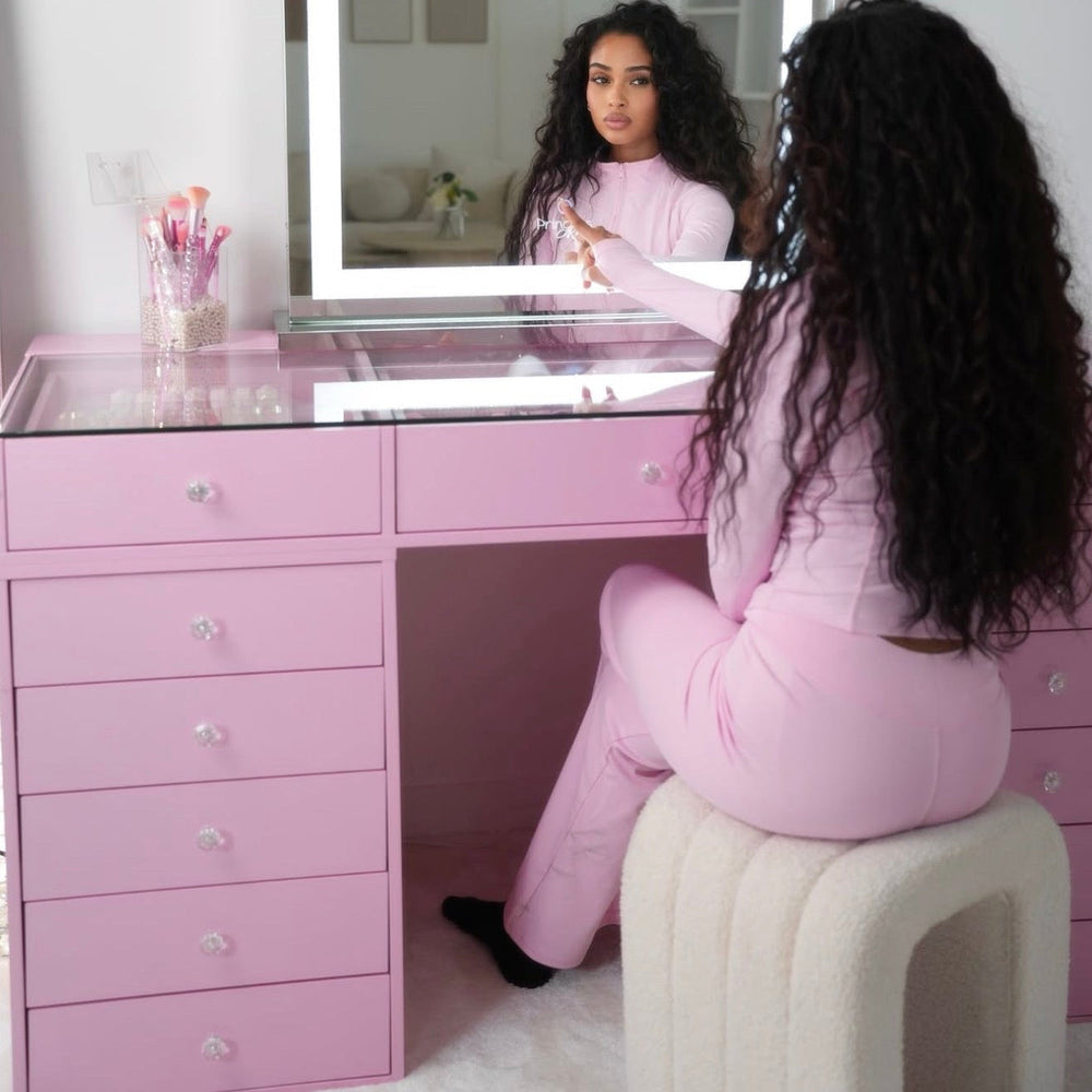 Coiffeuse Rose Poudré – 4 Tiroirs dont 2 à Plateau Vitré