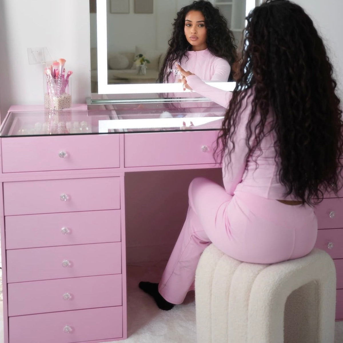 Coiffeuse Rose Poudré – 4 Tiroirs dont 2 à Plateau Vitré