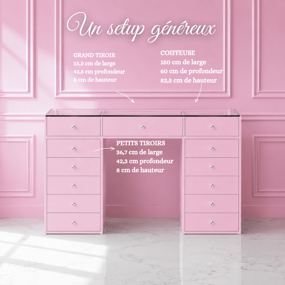 Coiffeuse Rose Poudré – 4 Tiroirs dont 2 à Plateau Vitré