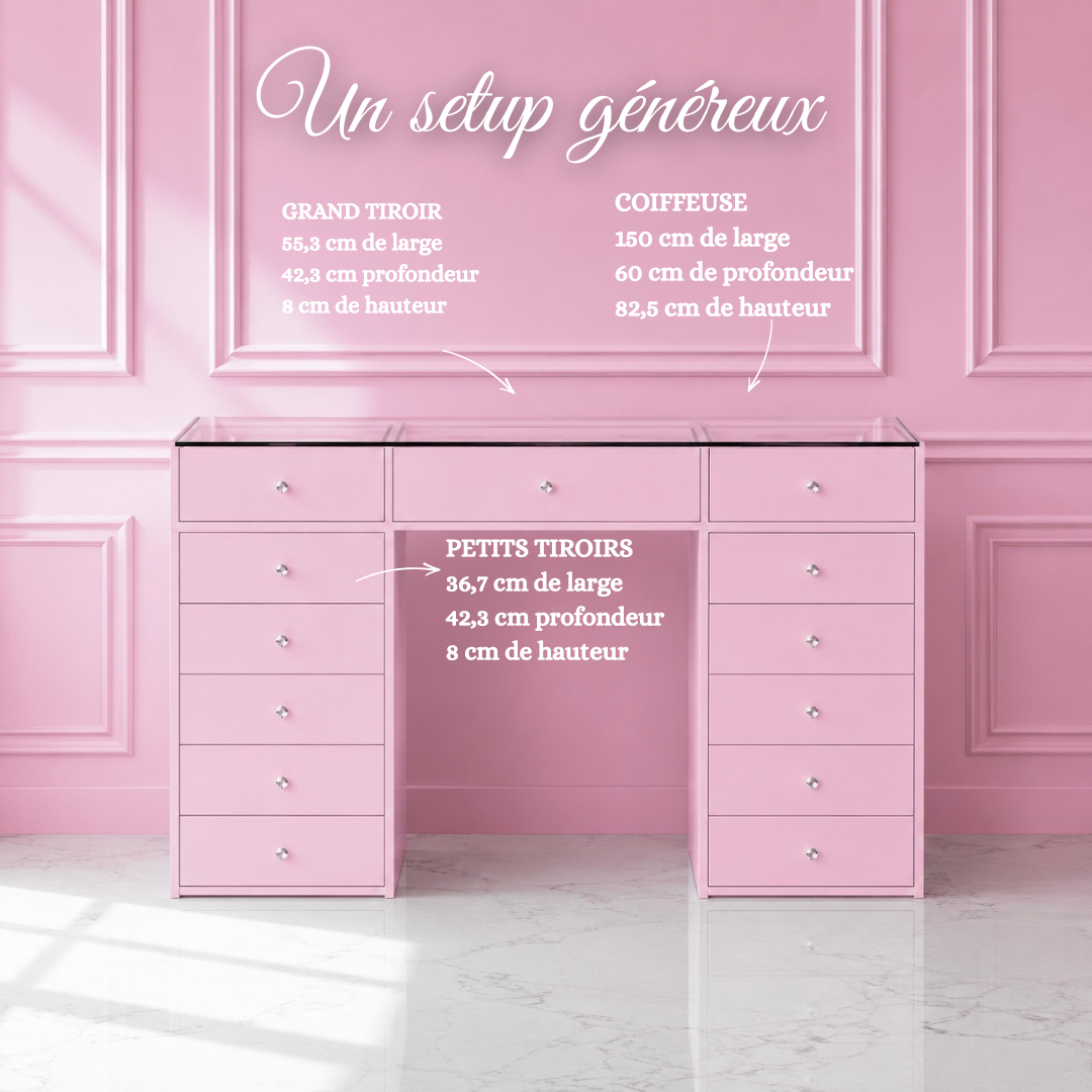 Coiffeuse Rose Poudré – 4 Tiroirs dont 2 à Plateau Vitré