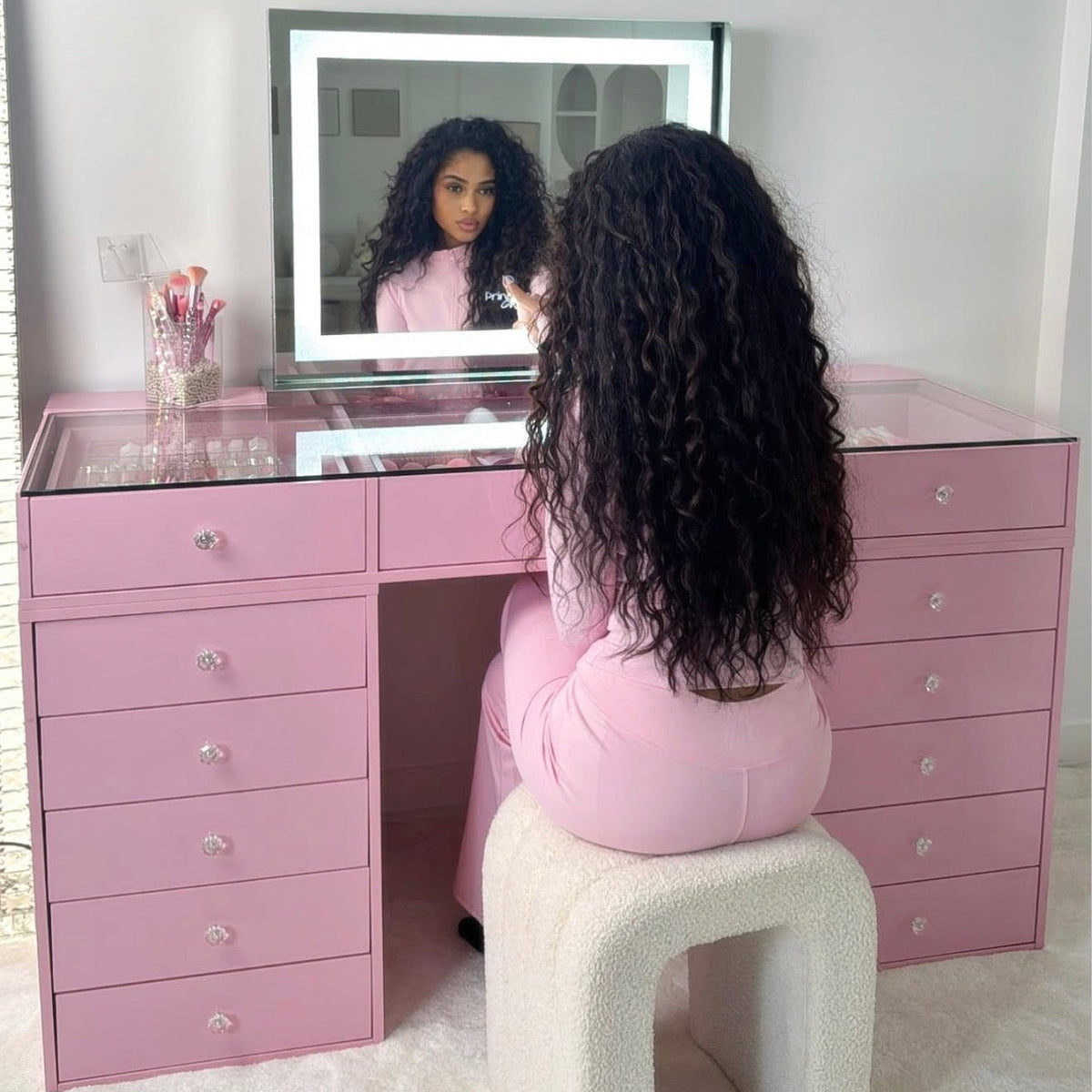 Coiffeuse Rose Poudré – 4 Tiroirs dont 2 à Plateau Vitré