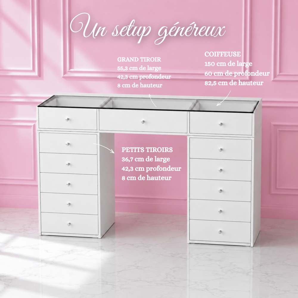 Grande Coiffeuse 150 cm – 10 Tiroirs et Vitrines Transparentes