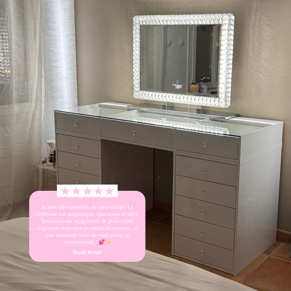 Grande Coiffeuse 150 cm – 10 Tiroirs et Vitrines Transparentes