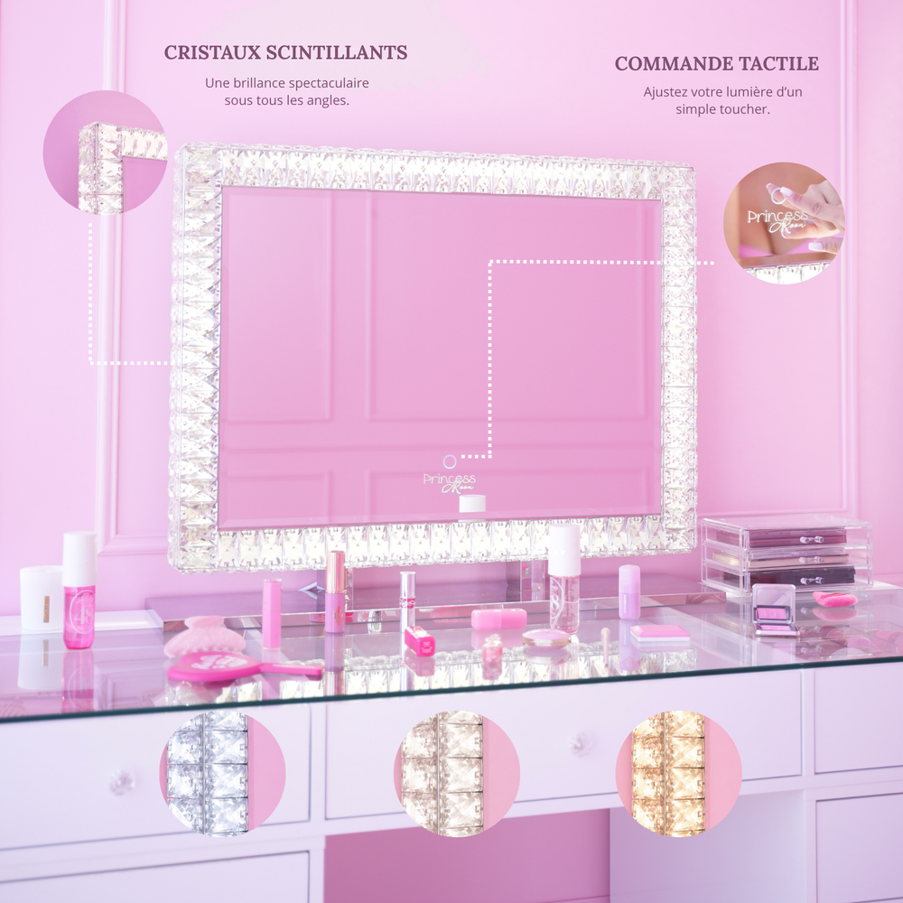 Miroir de Coiffeuse LED à Cristaux 78 x 60 cm – Lumière Réglable